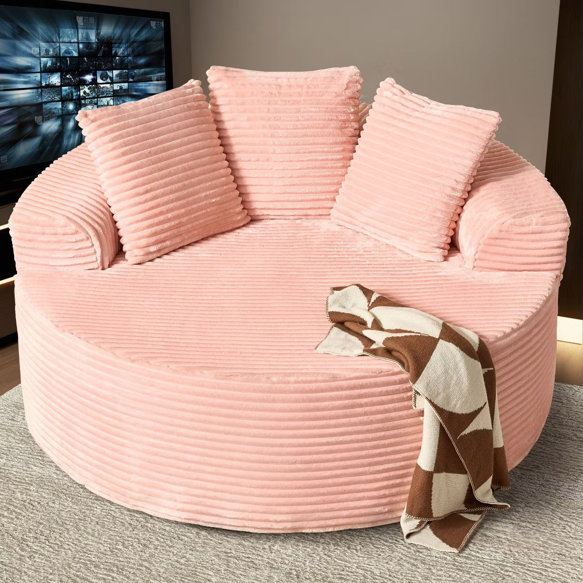 Plush Round Sofa for Living Room, Soft Polyester Fabric with Spring & Sponge, Cozy Living Room Furniture 58.26" Circular Cozy Chair in